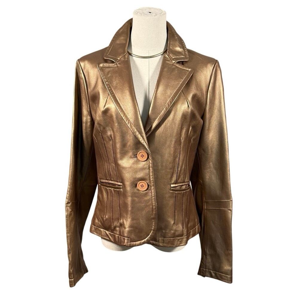 Black Rivet Metallic Bronze Genuine Leather Blazer Jacket Women’s Large Y2K